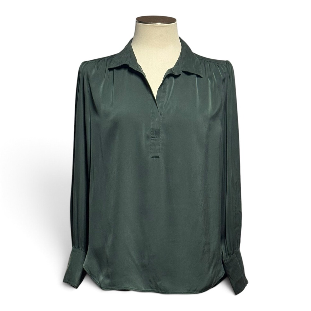 Quince Washable Stretch Silk Split Neck Popover Blouse Top Forest Green Large